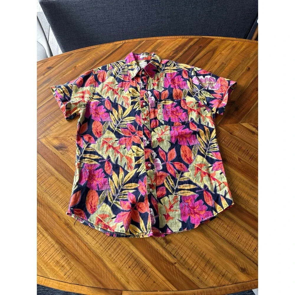 J.Crew 100% Linen Floral Tropical Shirt Men’s M Slim Fit Pink Orange Yellow